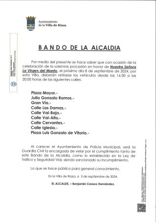 Imagen BANDO REGULACIÓN TRÁFICO DÍA DE LA VIRGEN DEL MANTO