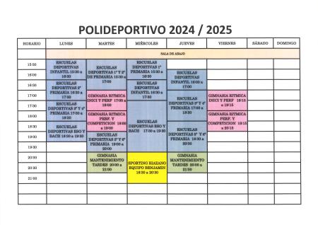 Imagen PREVISIÓN DE HORARIOS ESCUELAS DEPORTIVAS, GIMNASIA DE MANTENIMIENTO Y DEMÁS ACTIVIDADES DEPORTIVAS EN EL PABELLÓN MUNICIPAL. TEMPORADA...