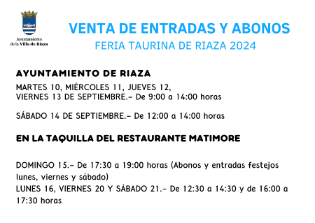 Imagen HORARIOS VENTA DE ENTRADAS Y ABONOS FERIA TAURINA RIAZA 2024.