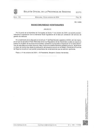 Imagen ANUNCIO. MANCOMUNIDAD DE MUNICIPIOS HONTANARES